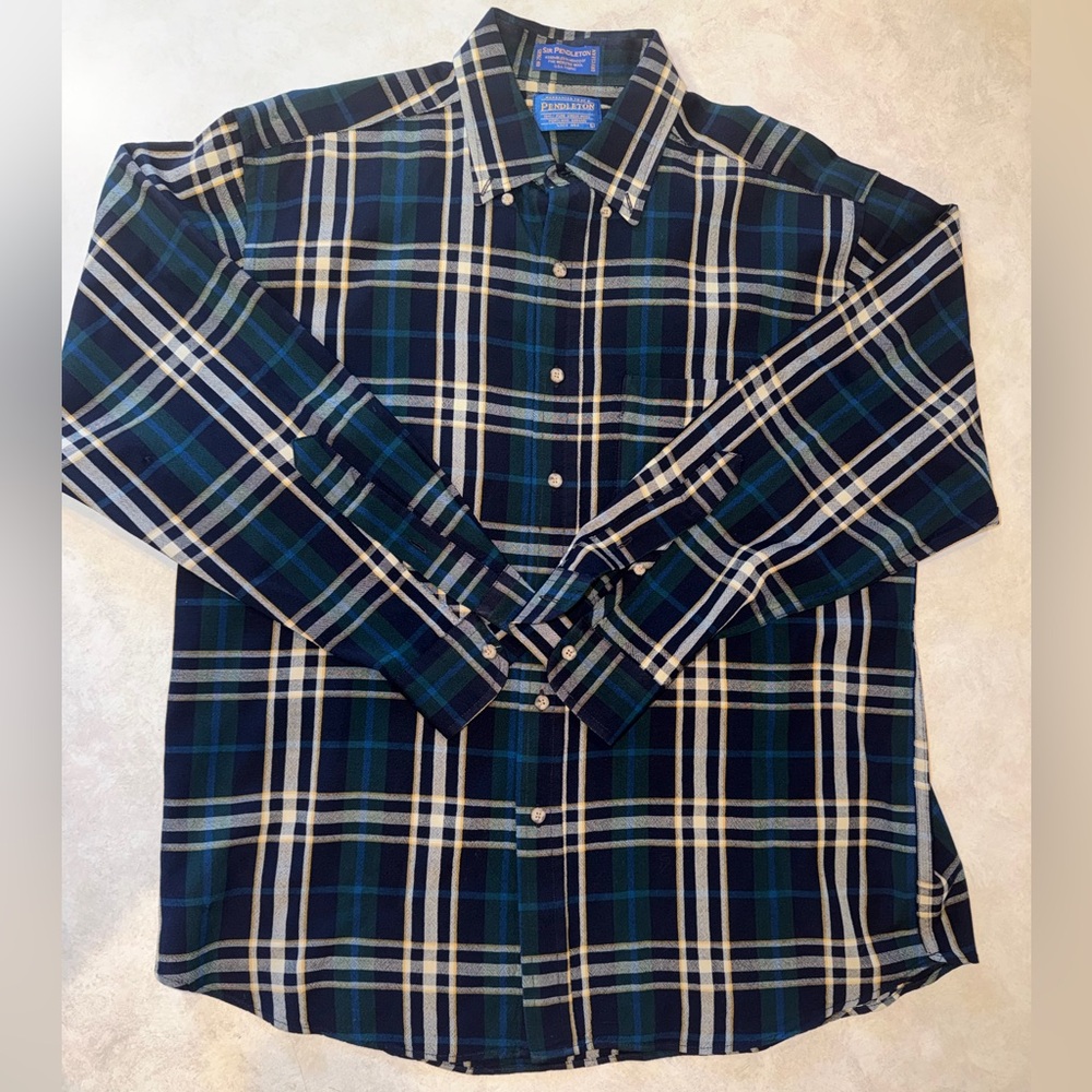 Vintage Pendleton Plaid Board Wool Long Sleeve Button Shirt Size L Blue/Green
